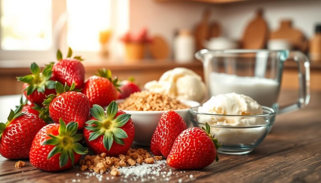 A beautiful, well-arranged collection of strawberry crunch ingredients on a rustic wooden table. In the foreground, vibrant red strawberries with fresh green leaves, a small bowl of golden crushed cookies, and a sprinkle of white sugar glistening in the soft light. In the middle, a scoop of creamy vanilla ice cream, slightly melting, beside a measuring cup filled with granulated sugar. The background features a softly blurred kitchen setting with warm, natural light streaming in through a window, creating a cozy, inviting atmosphere. Capture this scene from a slightly elevated angle to emphasize the textures of the ingredients, conveying a delightful and appetizing mood that invites the viewer to indulge in the strawberry crunch flavor.