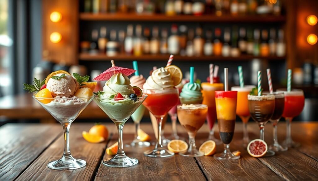 A beautifully arranged assortment of cocktail-inspired ice cream desserts, displayed enticingly on a rustic wooden table. In the foreground, three vibrant scoops of ice cream in a martini glass, featuring flavors like mojito mint, piña colada, and espresso martini, each garnished with fresh herbs, slices of fruit, and colorful cocktail umbrellas. In the middle, a blurred array of colorful ice cream cones and unique flavored popsicles resembling classic cocktails, surrounded by tiny decorative elements like citrus wedges and cocktail stirrers. The background features a soft-focus bar scene with warm ambient lighting, creating a cozy atmosphere. The image is taken from a slightly elevated angle to capture the full detail and vibrant colors of the ice cream, evoking a fun, refreshing summer vibe.