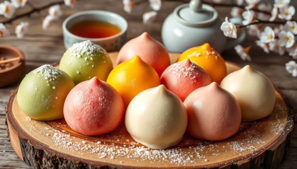 A beautifully arranged assortment of mochi ice cream, featuring vibrant flavors such as matcha green tea, strawberry, mango, and vanilla, displayed on a rustic wooden platter. Each mochi ball is dusted with cornstarch, showcasing their smooth, round shapes and colorful exteriors. In the background, a blurred Japanese-style tea set and delicate cherry blossom branches create a warm, inviting atmosphere, symbolizing Japanese culture. The lighting is soft and natural, highlighting the textures of the mochi while casting gentle shadows. The image is taken from a top-down angle, emphasizing the exquisite details of the various flavors and creating a vibrant, appetizing scene perfect for inspiring culinary creativity.