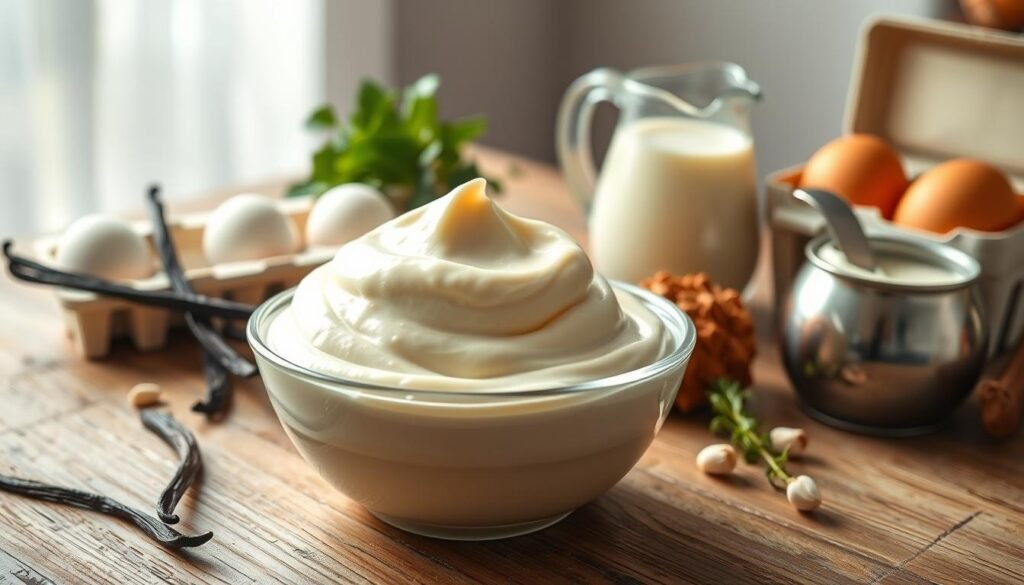 A beautifully arranged collection of frozen custard ingredients displayed on a rustic wooden table. In the foreground, there should be a bowl of smooth, rich frozen custard, its creamy texture glistening under soft, diffused natural light. Surrounding the bowl, a variety of fresh ingredients like plump vanilla beans, eggs in a carton, and a small pitcher of cream, showcasing the elements that set frozen custard apart from ice cream. The middle ground features a subtle green plant for a touch of freshness, while the background remains softly blurred, hinting at a cozy kitchen environment. The overall mood is warm and inviting, conveying the artisanal appeal of making frozen custard. The angle should be slightly elevated to capture all elements harmoniously, ensuring no text or watermarks disrupt the visualization.