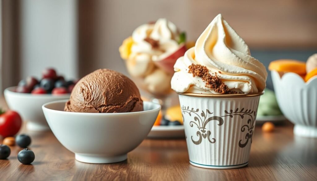 A beautifully arranged dessert table showcasing a contrast between gelato and ice cream. In the foreground, two pristine scoops are highlighted: one of rich chocolate gelato in a sleek, modern bowl, and one of creamy vanilla ice cream in a classic, vintage-style cup. The texture of the gelato appears denser and smoother, while the ice cream has a fluffier, airy quality. In the middle ground, an elegant backdrop of colorful fruits and toppings surrounds the desserts, symbolizing their different ingredient profiles. Soft, diffused lighting illuminates the scene, with a slight tilt of the camera to create depth, emphasizing the luscious textures and colors. The atmosphere is warm and inviting, perfect for a delightful culinary comparison.