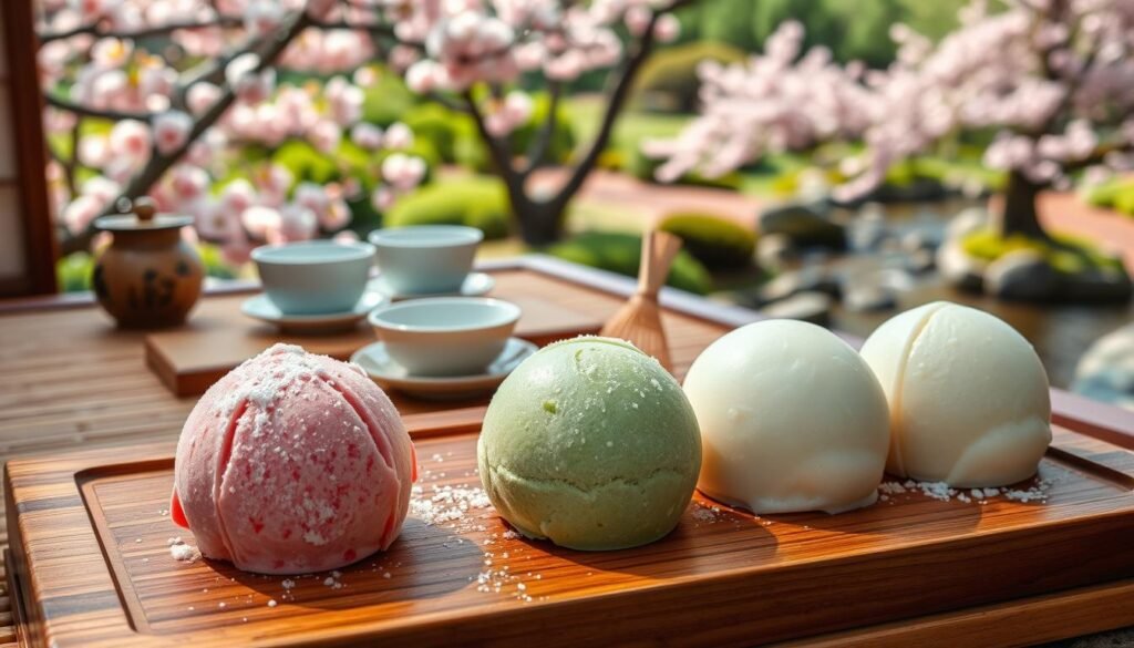 A beautifully arranged display of mochi ice cream in various flavors on a traditional Japanese wooden tray. In the foreground, the mochi ice cream balls showcase vibrant colors, including matcha green tea, pastel pink strawberry, and creamy vanilla, each delicately dusted with cornstarch. The middle ground features an elegant Japanese tea ceremony setting with delicate teacups and a bamboo whisk, symbolizing the cultural backdrop of mochi’s origins. In the background, a serene Japanese garden with cherry blossoms and a gentle stream evokes a tranquil atmosphere, emphasizing the historical roots of this dessert. Soft, natural lighting filters through the trees, casting gentle shadows and creating a warm, inviting mood. The composition is viewed at a slight angle, enhancing depth and focus on the intricate details of the mochi ice cream and its cultural significance.
