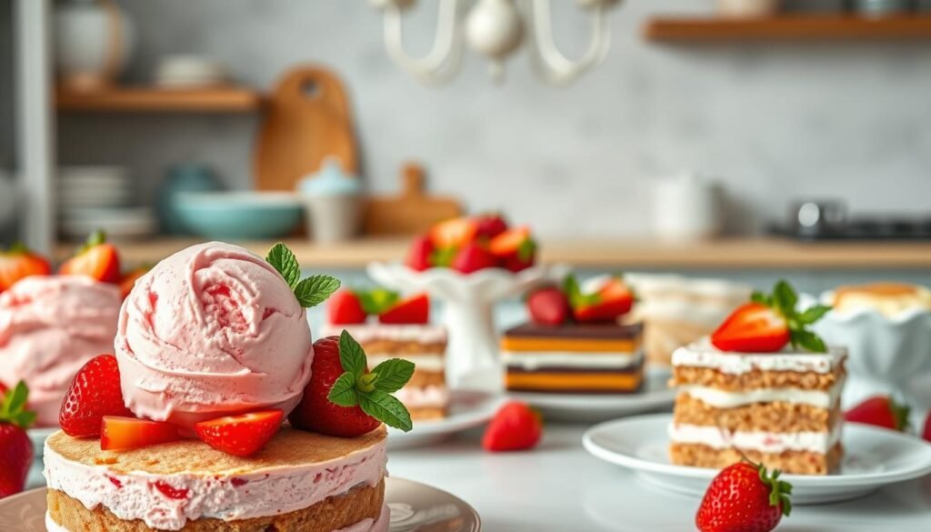 A beautifully arranged display of various smart variations of strawberry ice cream, prominently featuring layers of strawberry ice cream cake with visible textures and swirls. In the foreground, a scoop of vibrant pink strawberry ice cream sits atop a decadent cake layer, garnished with fresh strawberries and mint leaves. In the middle, showcase several unique variations including a vegan option made with coconut cream and a gluten-free version with almond flour cookies, artistically placed on elegant dessert plates. In the background, soft-focus kitchen elements like mixing bowls and a light chandelier create a warm, inviting atmosphere. The lighting is bright and natural, enhancing the color and freshness of the strawberries and ice cream, capturing a cheerful, summery mood.