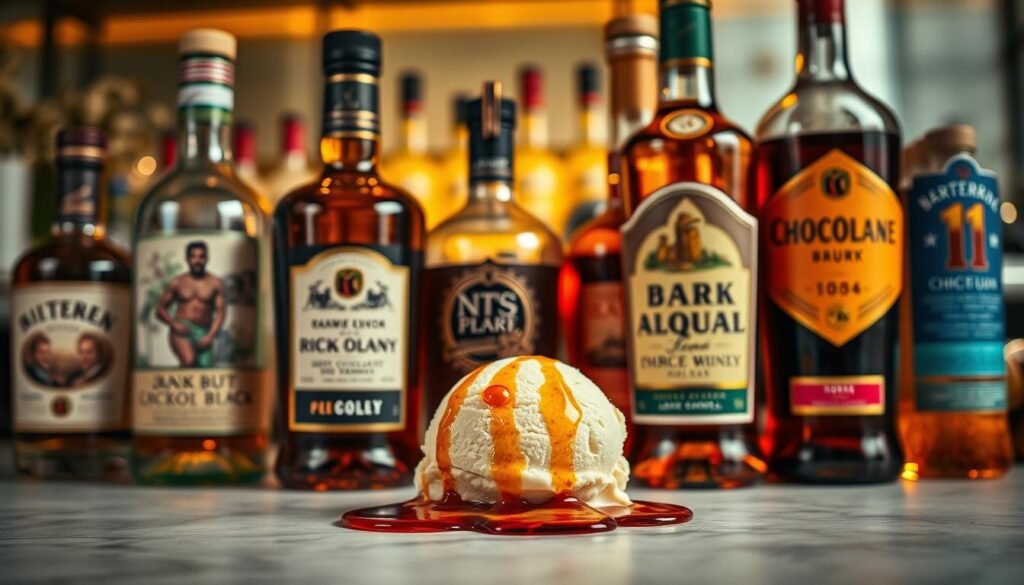 A beautifully arranged flat lay featuring various bottles of alcohol, showcasing a range of vibrant colors and labels. In the foreground, focus on a stylish bottle of dark rum, its rich amber liquid illuminated by soft, warm lighting. To its right, a bottle of rich chocolate liqueur glimmers, while a bottle of fruity vodka adds a splash of color with its bright label. The middle ground features a scoop of creamy ice cream adorned with small droplets of liqueur, melting slightly to reveal the texture. In the background, out of focus, an elegant bar setting with subtle decorative elements enhances the ambiance. The scene should evoke a sense of indulgence and creativity, inviting the viewer to explore the delightful fusion of alcohol and ice cream flavors.