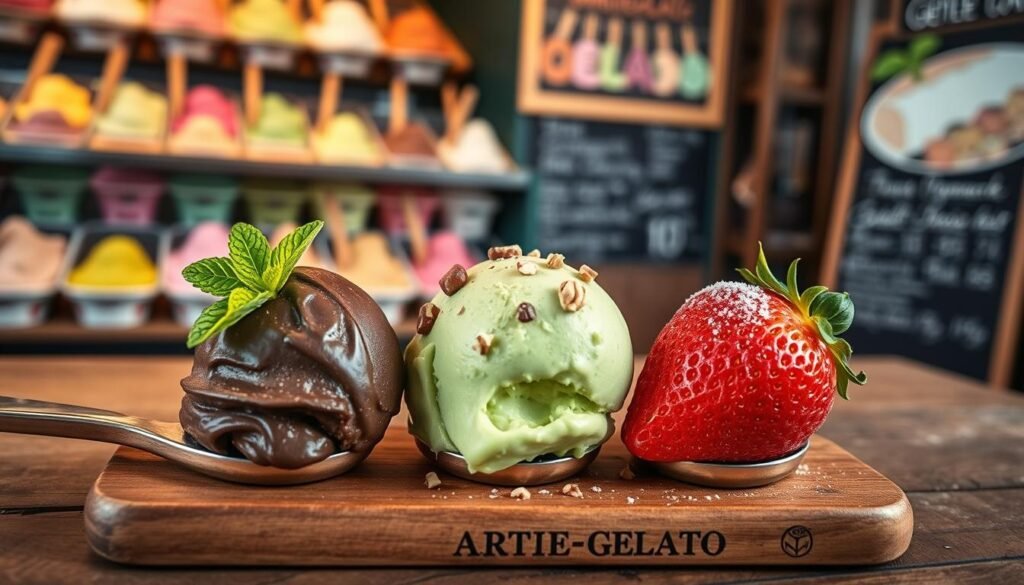 A beautifully arranged gelato tasting scoop set on a rustic wooden table, featuring three inviting flavors: rich dark chocolate, vibrant pistachio green, and fruity strawberry. Each scoop is adorned with delicate toppings: an elegant mint leaf on the chocolate, crushed nuts on the pistachio, and a light sprinkle of sugar on the strawberry. In the background, a blurred display of artisanal gelato in a vibrant shop setting, with colorful gelato tubs and a chalkboard menu subtly out of focus. The soft, warm lighting casts gentle shadows, enhancing the creamy texture of the gelato. The composition is shot from a slightly elevated angle to capture the delightful details, inviting the viewer into a cozy and indulgent tasting experience, emphasizing the art of gelato enjoyment.