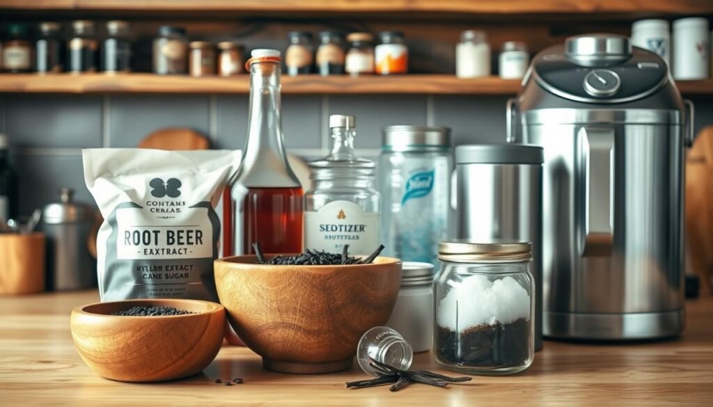 A beautifully arranged kitchen countertop featuring various root beer ingredients and equipment. In the foreground, a wooden bowl filled with dark brown root beer extract, a bag of cane sugar, and a small jar of vanilla beans. In the middle, a vintage glass bottle and a metal canister of seltzer water, alongside a stylish ice cream maker. The background showcases a rustic wooden shelf filled with spices and herbs. Soft, warm lighting captures the rich colors of the ingredients and the shiny metal of the equipment, creating a cozy, inviting atmosphere. The image is taken from a slightly elevated angle, emphasizing the textures and details of each element, evoking a sense of nostalgia and homemade charm.