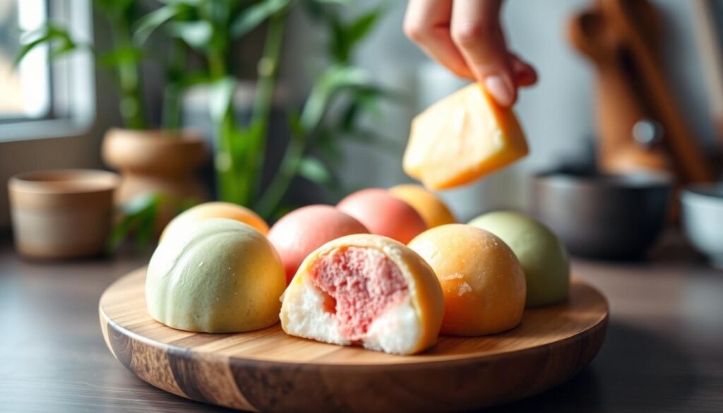 A beautifully arranged plate of assorted mochi ice cream, showcasing vibrant pastel colors like green tea, strawberry, and mango. In the foreground, the mochi balls are artfully arranged on a wooden board, glistening under soft, natural lighting to highlight their delicate textures. The middle layer features a blurred hand gently reaching for a piece, suggesting a sense of indulgence and anticipation. In the background, a cozy kitchen setting with bamboo plants and soft-focus kitchen utensils conveys a warm, inviting atmosphere. Use a shallow depth of field to keep the focus on the mochi ice cream, enhancing the overall mood of serene enjoyment and culinary creativity.