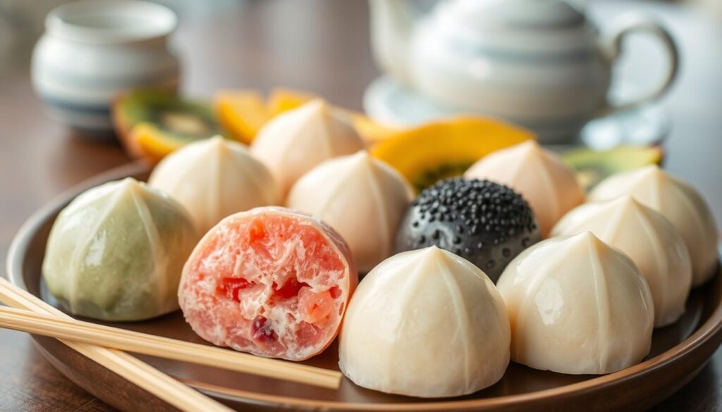 A beautifully arranged platter of mochi ice cream, showcasing a variety of flavors such as matcha green tea, strawberry, and black sesame, each delicately wrapped in pastel-colored rice dough. The mochi balls are glistening with a light sheen, suggesting a fresh and cold treat. In the foreground, a pair of chopsticks rests beside the mochi, highlighting its Japanese origin. In the middle ground, a subtle blur of fresh fruit slices, like kiwi and mango, adds vibrant color and complements the flavors. The background features a soft-focus Japanese tea set, enhancing the cultural theme. Soft, natural lighting bathes the scene, creating a cozy and inviting atmosphere, while a shallow depth of field emphasizes the mochi in crisp detail.