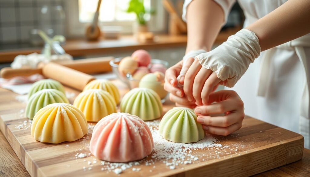 A beautifully arranged scene featuring freshly shaped mochi ice cream balls resting on a wooden cutting board. In the foreground, several colorful mochi ice cream balls in pastel shades of green, pink, and yellow are gently folded with delicate rice flour dusting. A pair of hands in modest casual attire is carefully sealing the edges of a mochi ball, emphasizing the craft of shaping and wrapping. In the middle ground, a small bowl containing a variety of ice cream flavors can be seen, surrounded by tools like plastic gloves and a rolling pin, hinting at the preparation process. The background is softly blurred with a warm kitchen ambiance, bathed in natural light coming from a nearby window, creating an inviting and cozy atmosphere.