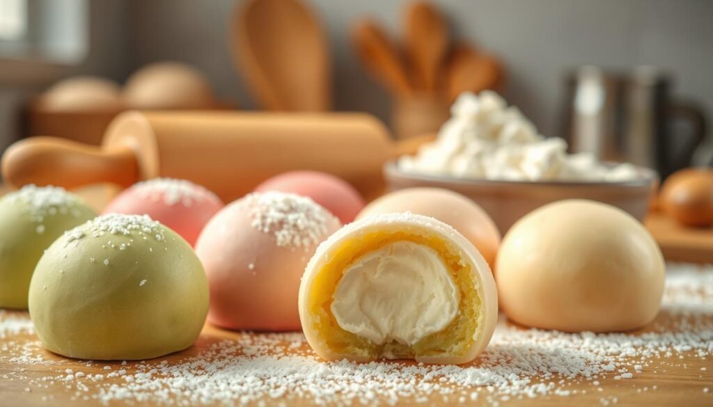 A beautifully arranged scene featuring mochi ice cream with various flavors and colors. In the foreground, there are several round, pastel-colored mochi ice cream balls, including matcha green tea, strawberry, and vanilla, with a light dusting of cornstarch. The middle ground includes a wooden rolling pin and a small bowl filled with glutinous rice flour, emphasizing the key ingredients needed to make mochi. The background softly blurs into a cozy kitchen setting, with warm, natural lighting illuminating the scene, creating an inviting and homely atmosphere. The lens captures this delectable composition from a slightly elevated angle, highlighting the texture of the mochi and the smooth creamy ice cream inside. Overall, the image conveys a sense of comfort and culinary creativity.