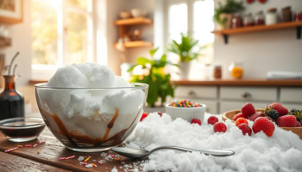 A beautifully arranged scene showcasing the process of making ice cream from freshly collected snow. In the foreground, a clear glass bowl filled with fluffy white snow sits on a rustic wooden table, surrounded by colorful ingredients like chocolate syrup, sprinkles, and fresh berries. A silver spoon is included, partially buried in the snow. In the middle ground, a bright, cheerful kitchen is visible with soft sunlight pouring in through a window, casting gentle shadows. The background features shelves filled with jars of toppings and a vibrant green plant. The atmosphere is warm and inviting, evoking a sense of fun and creativity. Use a soft focus lens to create a dreamy effect, capturing the essence of winter wonderland and the joy of making snow ice cream.