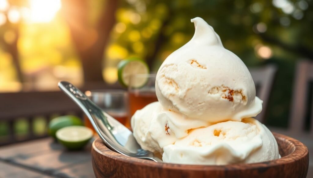 A beautifully arranged scoop of creamy vanilla bean ice cream sits prominently in a rustic wooden bowl, with flecks of real vanilla bean evident throughout its smooth texture. The foreground features a delicate silver spoon partially buried in the ice cream, reflecting soft, natural light. In the middle ground, there is a splash of vibrant green lime slices and a small glass of amber Scotch, subtly positioned to suggest a cocktail-like pairing, enhancing the elegant atmosphere. The background features a blurred outdoor setting with warm sunlight filtering through leafy trees, creating a cozy, inviting mood. Capture this scene with a shallow depth of field, emphasizing the foreground elements while the background remains soft and dreamy to convey a sense of indulgence and sophistication.