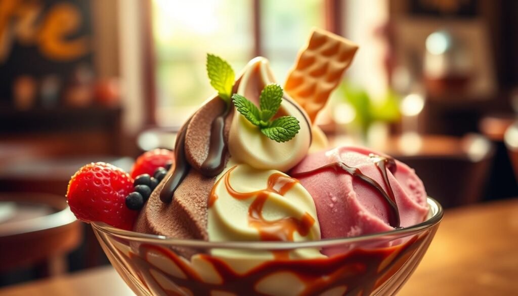 A beautifully arranged scoop of gelato in a glass dish, showcasing a vibrant palette of colors—rich chocolate brown, pastel pistachio green, and bright strawberry pink. In the foreground, the gelato is garnished with fresh berries, a sprig of mint, and a delicate wafer crisp. The middle ground features swirls of melted chocolate and fruit puree, adding a luxurious touch. The background softly blurs with a rustic Italian café setting, with warm sunlight streaming through a window, creating a cozy, inviting atmosphere. The lens is set to capture a close-up angle, emphasizing the creamy texture and mouth-watering details. The overall mood evokes indulgence and nostalgia, highlighting the artistry in this exquisite frozen treat.