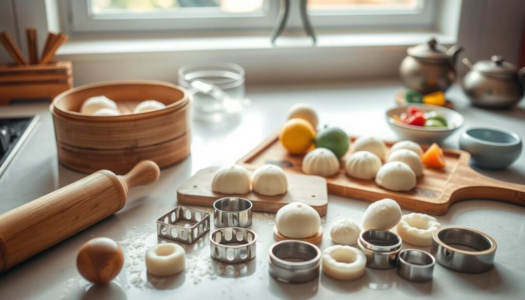 A beautifully arranged set of mochi-making tools on a clean kitchen counter. In the foreground, a well-used wooden rolling pin, a small flat surface dusted with cornstarch, and various sized cookie cutters lay scattered. The middle features a bamboo steamer with freshly cooked mochi on a rustic wooden tray, alongside a bowl of colorful ice cream scoops ready to be encased. In the background, soft natural light streams through a window, illuminating a few vibrant fruit garnishes and a traditional Japanese tea set. The scene evokes a homely, inviting atmosphere, perfect for culinary creativity, inviting viewers to delve into the art of mochi ice cream preparation. The image should have a soft focus with a slight vignette to create depth and warmth.