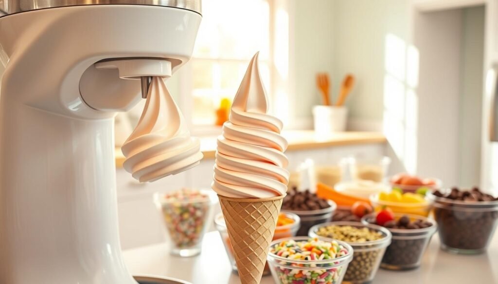 A beautifully arranged soft serve ice cream station. In the foreground, a pristine soft serve machine is dispensing creamy, swirled ice cream into a crisp, white cone. The soft serve is perfectly shaped with a glossy sheen, showcasing textures that invite indulgence. In the middle, a variety of colorful toppings such as sprinkles, chocolate chips, and fresh fruit surround the ice cream station, arranged neatly in clear containers. The background features a softly lit kitchen with pastel-colored walls and a sunlit window that casts warm natural light across the scene, enhancing the inviting atmosphere. The overall mood is cheerful and delightful, evoking the joy of making and enjoying soft serve ice cream.