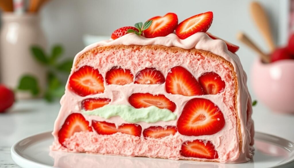 A beautifully crafted strawberry ice cream cake showcasing distinct layers of rich, creamy strawberry ice cream interspersed with vibrant, juicy slices of fresh strawberries. The foreground features a perfectly cut slice revealing the multi-layered structure, with smooth, glossy surfaces reflecting soft, natural lighting. The middle layer includes a delicate mint-green layer of whipped cream or a complimentary flavor, adding contrast. The background is softly blurred, suggesting a cozy kitchen setting with pastel-colored kitchen utensils and a hint of greenery, creating a warm and inviting atmosphere. The angle is slightly above, allowing for a clear view of the slice's layers and the glossy texture of the ice cream, evoking a sense of freshness and deliciousness.