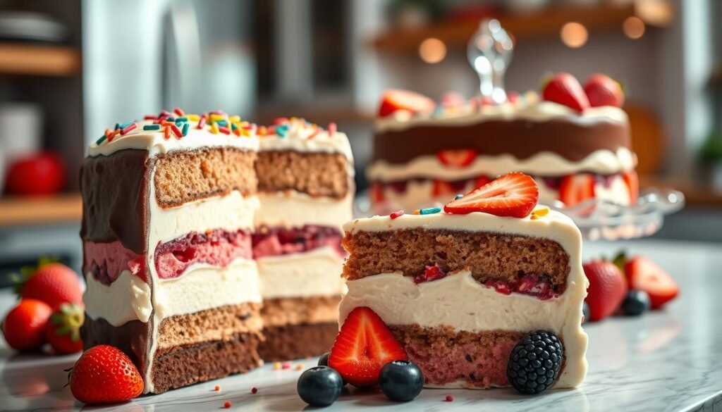 A beautifully layered ice cream cake, showcasing vibrant sections of different flavored ice creams—chocolate, vanilla, and strawberry—each meticulously arranged. The foreground features a slice of the cake, with creamy textures and colorful sprinkles artfully scattered on top. The middle ground highlights the entire cake on a elegant glass cake stand, surrounded by fresh fruits like strawberries and blueberries, adding a burst of color. In the background, a softly blurred kitchen setting with warm, inviting ambient lighting creates a cozy atmosphere. The scene captures the mouth-watering appeal of the cake, while the bright colors and soft shadows enhance the inviting mood. Aim for a shallow depth of field to keep the focus on the cake while adding a soft glow for an inviting feel.