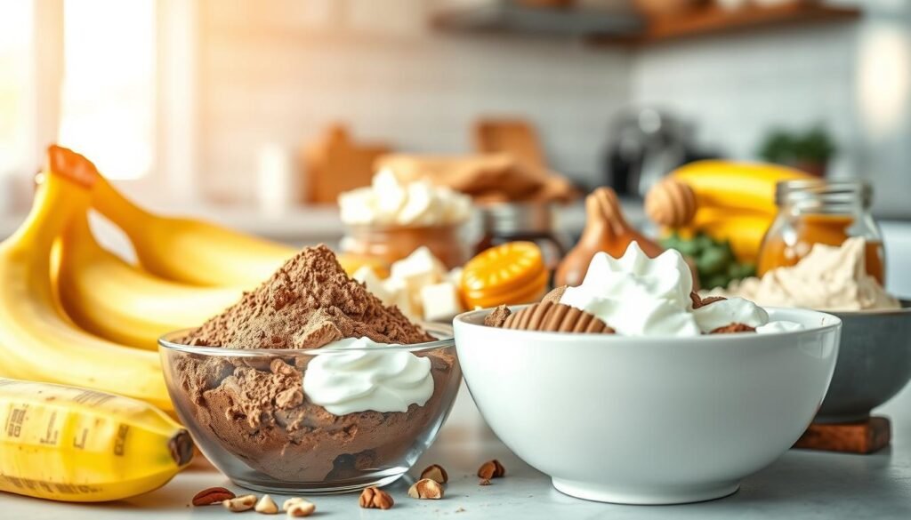 A beautifully organized display of essential ingredients for making creamy, high-protein ice cream. In the foreground, showcase a high-quality bowl filled with smooth, chocolate protein powder, surrounded by fresh bananas, a dollop of vanilla yogurt, and a sprinkling of chopped nuts. In the middle ground, add a vibrant array of ingredients including a scoop of peanut butter, a few scoops of cottage cheese, and a drizzle of honey. The background should be softly blurred, featuring a hint of a modern kitchen with bright, natural lighting streaming in. Use a shallow depth of field to emphasize the vibrant colors and textures of the ingredients. The mood should be inviting and energetic, perfect for health-conscious cooking.