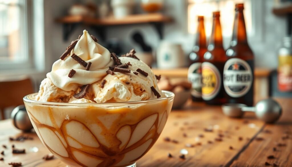 A beautifully styled bowl of root beer ice cream, topped with frothy whipped cream and rich chocolate shavings, sits invitingly in the foreground. The ice cream has a creamy, swirled texture echoing the dark, caramel color of root beer, with ice crystals glistening from the cold. In the middle ground, a wooden table adds a rustic charm, with some scattered root beer bottles and vintage ice cream scoops enhancing the scene. The background features a softly blurred kitchen setting, with warm, natural light streaming in, creating a cozy atmosphere. The composition is captured from a slightly elevated angle, focusing on the rich textures and vibrant colors that evoke nostalgia and sweetness, perfect for inspiring homemade dessert lovers.