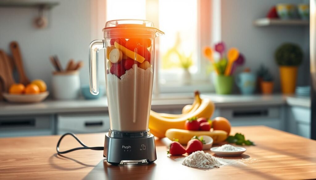 A bright, modern kitchen countertop featuring a sleek, high-quality blender in the foreground. The blender, with a transparent jug filled with a mixture of vibrant fruits, protein powder, and creamy liquid, is plugged in and slightly turned to showcase its design. In the middle view, there are fresh ingredients scattered artfully around, including ripe bananas, strawberries, and a scoop of protein powder, creating a lively, inviting atmosphere. The background is softly blurred to emphasize the blender, with cheerful kitchen decor, such as a fruit bowl, colorful utensils, and warm, natural lighting streaming through a nearby window, enhancing a cozy, homey feel. The scene invites a sense of healthy eating and creativity in cooking, perfect for trying out a new recipe.