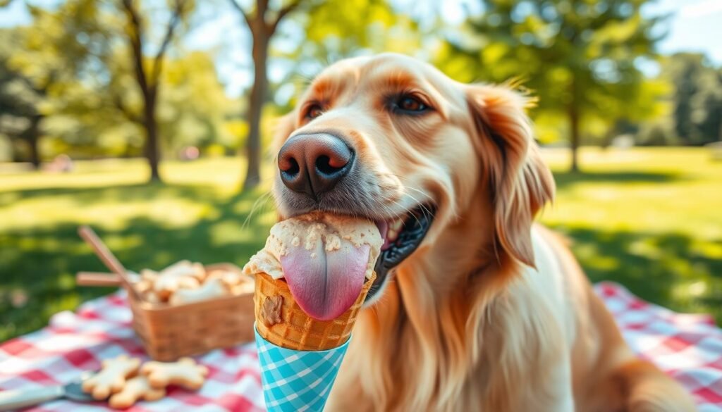 A cheerful golden retriever happily enjoying a homemade dog-friendly ice cream cone, filled with a creamy peanut butter and banana-flavored treat. In the foreground, focus on the dog with its tongue playfully licking the ice cream, showcasing its delight. The middle ground features a colorful picnic setup with dog treats and a sunny, grassy park scene, suggesting a warm summer day. In the background, soft green trees and a clear blue sky add to the joyful atmosphere. The lighting is bright and natural, creating a vibrant, inviting mood. Use a shallow depth of field to emphasize the dog's expression while softly blurring the background, capturing an engaging moment of canine summer fun.