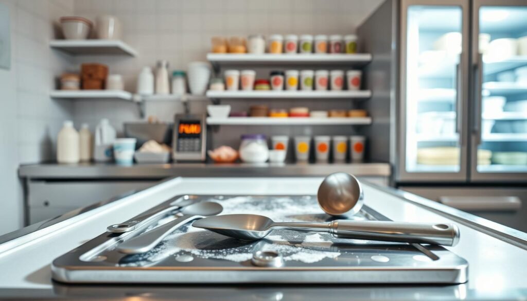 A clean, modern kitchen workspace featuring essential tools for making rolled ice cream. In the foreground, a stainless steel cold plate with spatulas and a metal scoop, glistening under bright, natural light. The middle layer showcases a neatly organized array of ingredients, such as milk, sugar, and colorful toppings like sprinkles and fruit. The background features a well-lit freezer with a transparent door, revealing ice cream bases chilling on shelves, and a minimalist design that emphasizes cleanliness. The atmosphere is vibrant and inviting, suggesting a fun and professional ice cream-making experience. The image is shot from a slight angle to create depth and focus on the tools and surfaces essential for rolling ice cream.