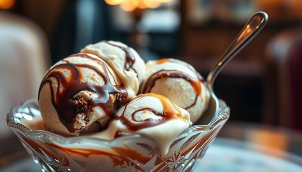 A close-up image of a bowl of boozy ice cream, showcasing a variety of vibrant flavors with visible alcohol-infused elements, such as a creamy vanilla base swirled with rich chocolate and caramelized whiskey. The foreground highlights scoops of the ice cream spilling slightly over the edges of a decorative bowl made of fine glass, reflecting soft light. In the middle, a spoon rests next to the bowl, glistening with drops of melted ice cream. The background is softly blurred, featuring hints of an elegant parlor setting with dim, warm lighting that enhances the inviting atmosphere. The overall mood is indulgent and sophisticated, capturing the unique blend of dessert and drink.