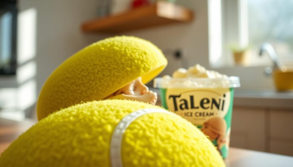 A close-up image of a tennis ball-shaped lid designed to resemble the iconic green and yellow colors of a classic tennis ball. The foreground prominently features the textured surface of the lid, showcasing its fuzzy, felt-like material, with soft shadows accentuating its round shape. In the middle ground, include a transparent ice cream container partially open, revealing creamy Talenti ice cream with rich colors. The background is softly blurred, suggesting a kitchen environment with subtle lighting, creating a warm and inviting atmosphere. The image should have a bright, cheerful mood, with natural daylight streaming in, casting gentle reflections on the surface of the ice cream container. The angle is slightly tilted, providing a dynamic and engaging perspective of the scene.