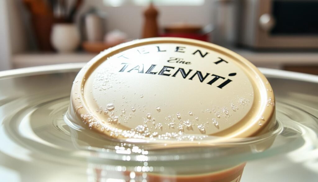 A close-up of a Talenti ice cream container lid submerged in warm water, showcasing the condensation forming on the surface for a realistic touch. The foreground features the intricate details of the lid, with its branding and texture clearly visible. In the middle ground, the warm water ripples gently around the lid, emphasizing the temperature. The background consists of a soft, blurred kitchen setting, providing a homey atmosphere. Bright, natural lighting bathes the scene, highlighting the clarity of water and inviting warmth. The entire composition conveys a sense of comfort and home, capturing the essence of safely loosening a stuck lid. No text or embellishments.