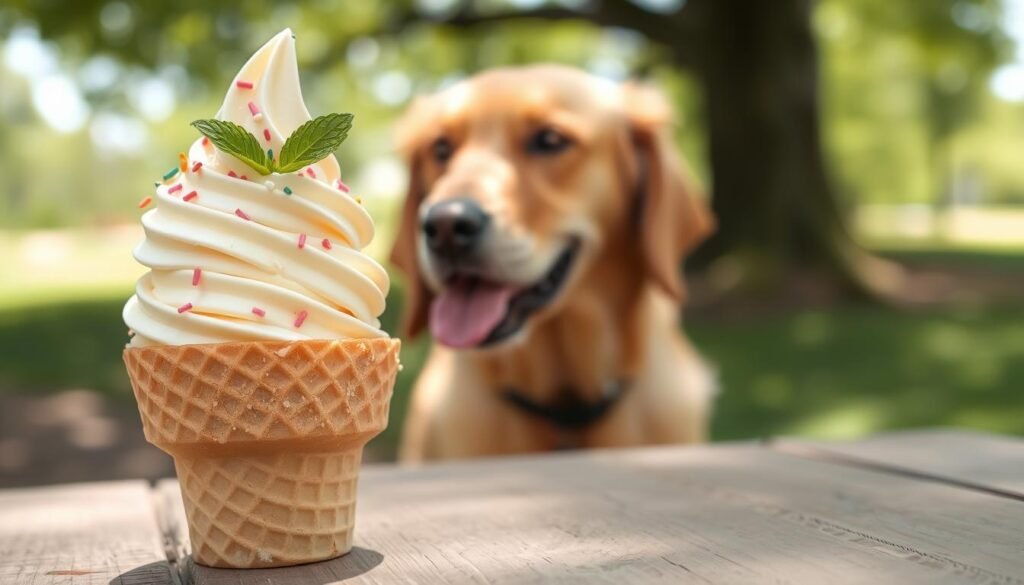 A close-up of a beautifully crafted vanilla ice cream cone placed on a rustic wooden table as the foreground. The ice cream, creamy and rich in texture, is topped with delicate sprinkles and a fresh mint leaf. In the middle ground, a soft-focused, playful golden retriever is looking curiously at the ice cream, its tongue out in anticipation. The background features a sunny park setting with lush green grass and blurred trees, suggesting a warm, inviting summer day. Soft, natural lighting bathes the scene, highlighting the ice cream's smooth surface and the dog's shiny coat. The overall mood is cheerful and playful, evoking a sense of joy associated with summer treats shared with pets.