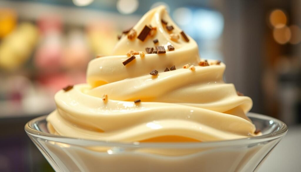 A close-up of a creamy, rich frozen custard in a stylish glass dish, showcasing its smooth texture and glossy sheen. The custard is swirled elegantly, with a slight mound at the center, reflecting soft ambient light that highlights its velvety consistency. Sprinkles of colorful toppings, like crushed nuts and chocolate flakes, are scattered over the top, adding visual interest. In the background, a blurred ice cream shop setting creates a warm, inviting atmosphere, with soft pastel colors and gentle lighting. The focus is sharp on the custard, creating a sense of depth, while a subtle bokeh effect gives an airy feel, emphasizing the creamy luxury of the frozen dessert. The mood is indulgent and inviting, perfect for showcasing the unique texture of frozen custard.