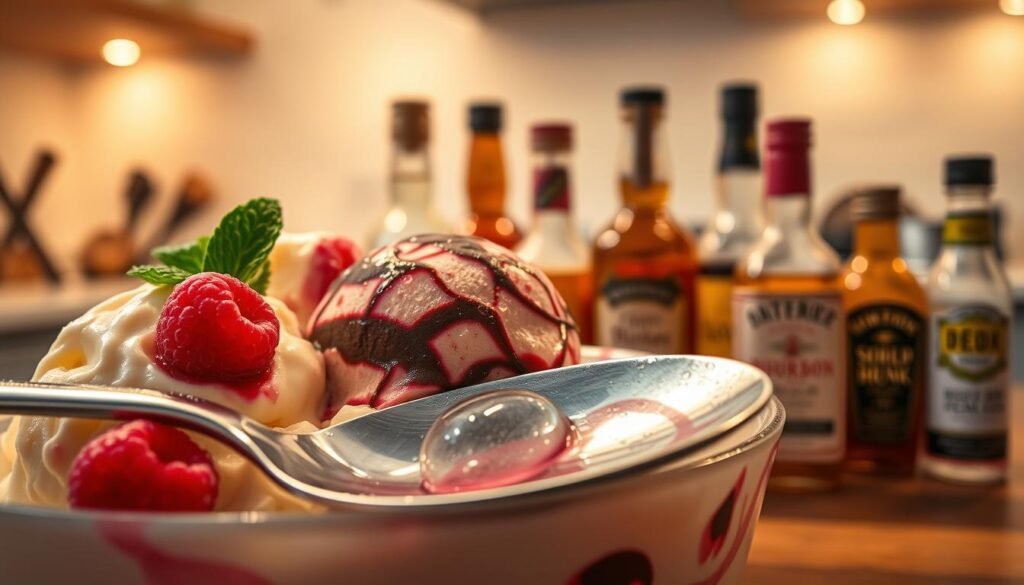 A close-up of an enticing bowl of alcoholic ice cream, showcasing scoops of creamy vanilla and rich chocolate ice cream, artistically swirled with vibrant raspberry puree and a hint of mint. The foreground features a spoon elegantly resting against the bowl, with droplets of condensation capturing the viewer's attention. In the middle ground, an array of small bottles of various liquors, such as bourbon and rum, are artfully arranged, suggesting their use in crafting this delightful treat. The background is softly blurred, featuring a kitchen setting with warm, inviting lighting that casts a cozy glow, emphasizing a fun and culinary atmosphere. The overall mood is playful and indulgent, perfect for a summer gathering.