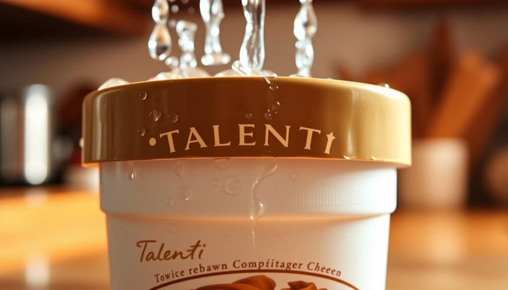 A close-up scene depicting a Talenti ice cream container, with the lid being gently warmed under a stream of warm water. The foreground features shimmering droplets cascading off the smooth, glossy surface of the lid, reflecting light. In the middle, the Talenti label is clearly visible, showcasing its distinctive design against the creamy texture of the ice cream. The background is softly blurred, hinting at a cozy kitchen atmosphere with warm, inviting tones, perhaps a wooden countertop and subtle golden light filtering through a window, creating a serene, homey mood. The overall composition should evoke a sense of warmth and ease, ideal for demonstrating the method of opening the container.