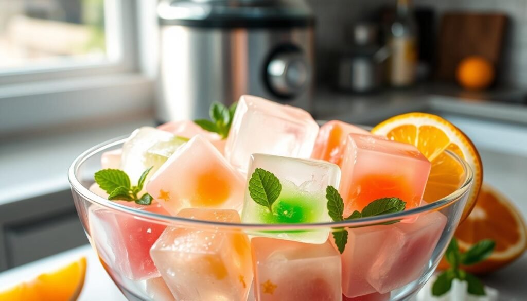 A close-up shot of elegant, colorful boozy ice cubes glistening in a clear glass bowl, surrounded by delicate sprigs of mint and bright citrus slices for pops of color. The ice cubes are semi-translucent, infused with vibrant hues of pink, green, and orange, suggesting flavors like raspberry, mojito, and orange liqueur. Soft, diffused natural light illuminates the scene, creating subtle reflections and shadows within the ice. In the background, a stylish kitchen countertop is visible, with a blurred hint of an ice cream maker and some ingredient containers, enhancing the setup while keeping the focus on the vibrant boozy ice. The atmosphere is bright and cheerful, evoking a sense of summer fun and indulgence.