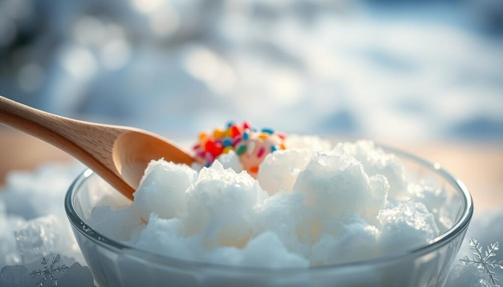A close-up shot of freshly made snow ice cream in a delicate bowl, surrounded by miniature snowflakes and glistening ice crystals. The foreground features a wooden spoon gently stirred into the fluffy, creamy snow ice, with soft light reflecting off its surface, creating a serene glow. In the middle, colorful toppings such as bright sprinkles and fresh berries add a playful contrast, while the background displays a dreamy winter landscape, softly blurred to keep the focus on the snow ice. The atmosphere is inviting and whimsical, suggesting a peaceful winter day. Soft, natural daylight filters in, enhancing the purity of the snow cream, and creating a cozy, cheerful mood.