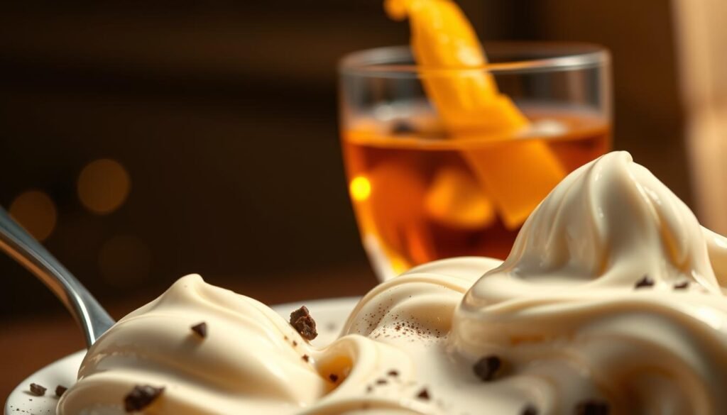 A close-up view of a creamy, boozy ice cream texture, showcasing a swirl of rich vanilla ice cream infused with hints of bourbon and dark chocolate. The foreground features spoonfuls of the ice cream melting slightly, revealing glossy swirls and delicate flecks of chocolate. In the middle ground, a sparkling glass filled with a cocktail, garnished with a twist of orange peel, complements the ice cream. The background is softly blurred, with a warm ambiance created by golden lighting that casts a cozy glow. The lens captures the intricacies of the ice cream's texture, emphasizing the balance between creaminess and the base alcohol’s allure. This scene conveys a rich, indulgent atmosphere, inviting viewers to explore the delightful fusion of flavors.