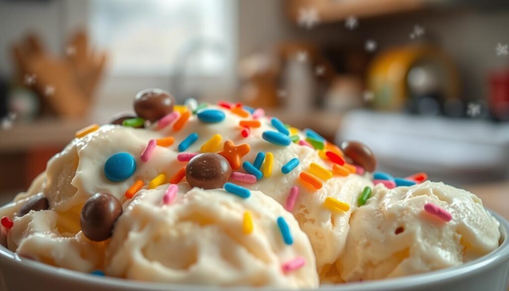A close-up view of a delicious bowl of vanilla ice cream topped with colorful chocolate chips and vibrant rainbow sprinkles. In the foreground, the creamy texture of the ice cream glistens under soft, diffused natural light, making the chocolate chips shine. The middle ground features a sprinkle of various shaped sprinkles, including stars and hearts, adding a playful touch. The background softly blurs to reveal a cozy kitchen setting, with a hint of snowflakes gently falling outside the window, creating a whimsical atmosphere. The overall mood is cheerful and inviting, perfect for kids and families enjoying a fun ice cream treat. Capture with a warm color palette to enhance the comforting feel.