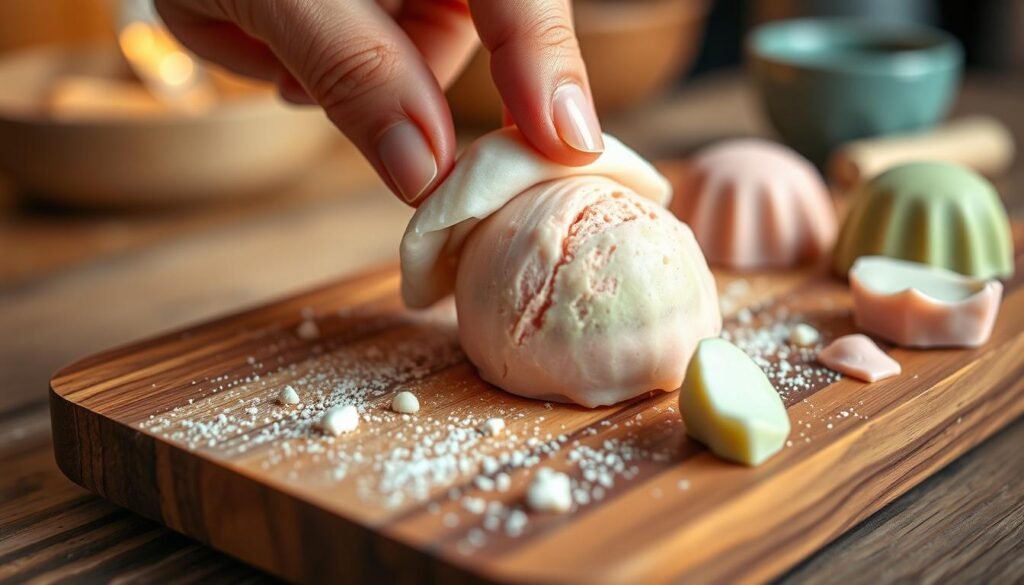 A close-up view of a hand carefully scooping mochi ice cream, showcasing the delicate pastel colors of strawberry, matcha, and taro. The foreground features a soft, pliable piece of mochi being pinched gently around a scoop of ice cream, illustrating the filling and sealing process. In the middle, a wooden cutting board dusted with cornstarch enhances the artisanal aspect, while a few scattered pieces of mochi and ice cream add to the scene. The background blurs slightly, hinting at a cozy kitchen environment, with warm, inviting lighting illuminating the textures of the mochi and the creamy ice cream. The atmosphere feels relaxed and welcoming, perfect for home cooking.