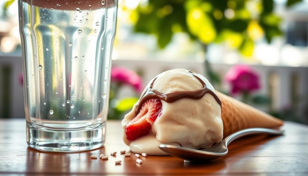 A close-up view of a melting ice cream cone resting on a wooden table, with vivid colors showcasing vanilla, chocolate, and strawberry flavors blending together. In the foreground, droplets of condensation form on a chilled glass of water, emphasizing the thirst evoked by the ice cream. In the middle, a few scattered ice cream sprinkles and a spoon reflect light and hint at indulgence. The background features a blurred summer garden scene with sunlight filtering through green leaves, creating a warm and inviting atmosphere. The composition captures the feeling of thirst and craving, with soft, natural lighting and a focus that draws the viewer in, conveying a sense of sweetness and refreshment.