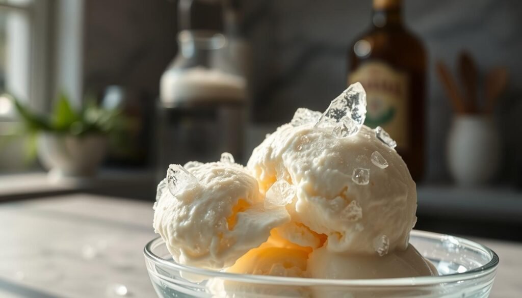 A close-up view of a partially melted scoop of creamy alcoholic ice cream, showcasing a frosty, crystalline texture with delicate ice shards glistening in soft, natural light. The ice cream is served in a stylish glass dish, surrounded by droplets of condensation. In the background, a blurred kitchen setting reveals an elegant countertop with a few ingredients like cream, sugar, and a bottle of alcohol, hinting at the creative process. The atmosphere is inviting and cool, evoking a sense of refreshment and indulgence. Utilize a shallow depth of field to emphasize the ice cream's texture while maintaining a soft focus on the background, enhancing the mood of scientific exploration and culinary artistry.