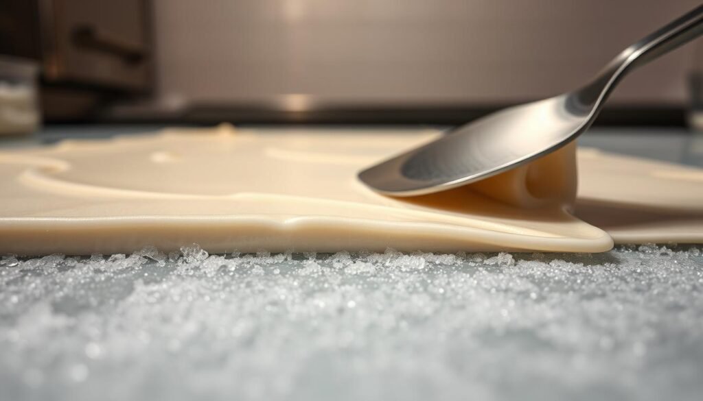 A close-up view of a smooth, thin layer of rolled ice cream being prepared on a freezing surface, showcasing its creamy texture. In the foreground, glistening frost crystals accentuate the surface of the ice cream layer. In the middle ground, the rolled ice cream is being elegantly scraped into perfect cylindrical shapes, with a stainless steel spatula glinting under soft, diffused lighting to highlight the subtle sheen of the fresh cream. The background should feature muted colors of a modern kitchen, emphasizing a clean and professional atmosphere. The composition should evoke a sense of precision and artistry, capturing the delicate balance of time and temperature needed to achieve the perfect texture for rolled ice cream.