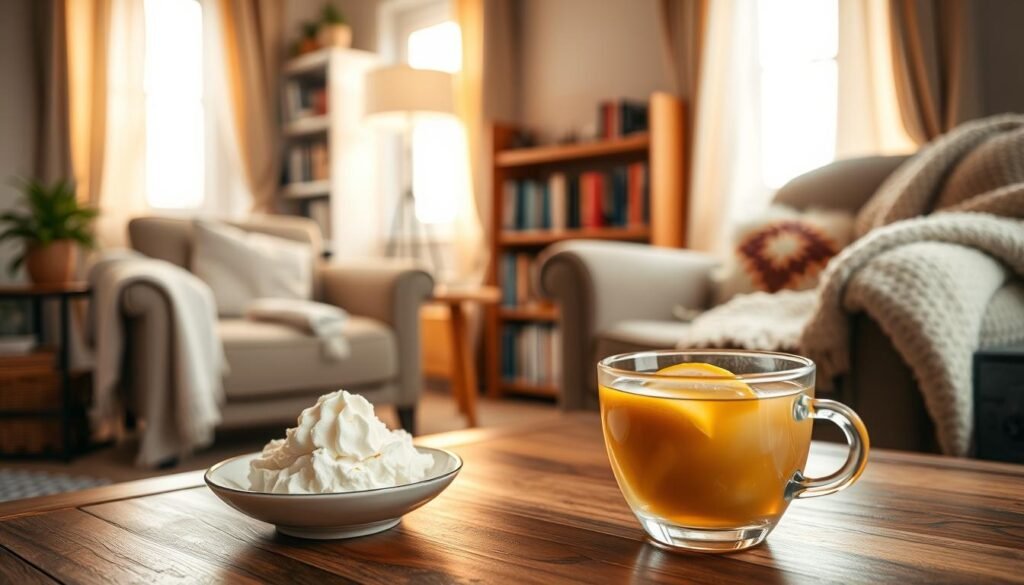 A cozy, inviting home setting focused on soothing sore throat remedies. In the foreground, a wooden coffee table displays a bowl of rich, creamy ice cream beside a steaming herbal tea with a slice of lemon. A soft, plush blanket is draped over a comfortable armchair, emphasizing warmth and comfort. In the middle ground, a small bookshelf filled with health-related books suggests an atmosphere of care and knowledge. In the background, warm, natural light filters in through a window draped with light curtains, creating a peaceful ambiance. The overall mood is nurturing and tranquil, conveying a sense of relief and self-care for those dealing with a sore throat.