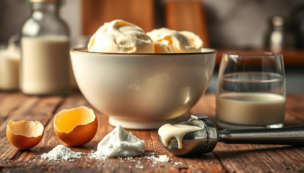 A creamy, smooth bowl of artisan ice cream sits elegantly atop a rustic wooden table. The ice cream is richly textured, with swirls of light golden cream and delicate flecks of vanilla bean, evoking indulgence. In the foreground, a few fresh ingredients are artfully arranged: a cracked egg, a small heap of granulated sugar, and a splash of heavy cream in a glass. The middle ground features a charming metal ice cream scoop resting beside the bowl, glistening with condensation. The soft, warm lighting casts gentle shadows, enhancing the inviting atmosphere, while a blurred kitchen backdrop hints at the culinary process. Shot from a slightly elevated angle, this composition captures the essence of crafting luxurious boozy ice cream.