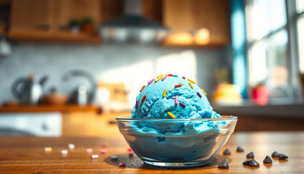 A delicious scoop of blue moon ice cream sits enticingly at the forefront, showcasing its vibrant azure hue and creamy texture. The scoop is placed in a clear glass bowl, with colorful sprinkles scattered across the top, reflecting a playful and inviting mood. In the background, a soft-focus kitchen scene can be seen, illuminated by warm, natural light filtering through a nearby window, creating a cozy atmosphere. A wooden countertop provides an earthy contrast, with faint hints of mix-ins like crushed nuts and chocolate chips visible around the bowl. The angle is slightly overhead, emphasizing the ice cream’s texture and colors, making it look mouthwatering and appealing. The overall composition evokes a sense of homemade delight and culinary creativity.
