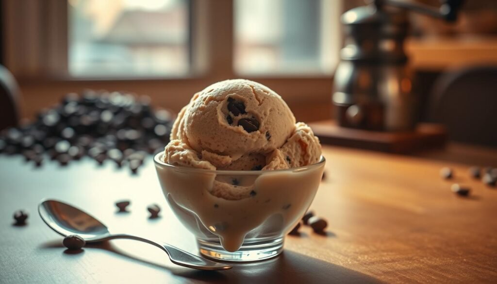 A delicious scoop of coffee ice cream sits prominently in the foreground, melting slightly under warm ambient lighting, showcasing its creamy texture and flecks of coffee beans. The ice cream is elegantly served in a simple yet stylish glass bowl with a silver spoon resting beside it, inviting the viewer to indulge. In the middle ground, a blurred-out wooden table emphasizes a cozy café atmosphere, accentuated by soft shadows that create a warm, inviting mood. In the background, faint outlines of coffee beans and a vintage coffee grinder are tastefully arranged, hinting at the classic origins of the flavor. The overall lighting is soft and warm, creating an inviting feel, with a shallow depth of field to focus on the ice cream’s rich color and details.