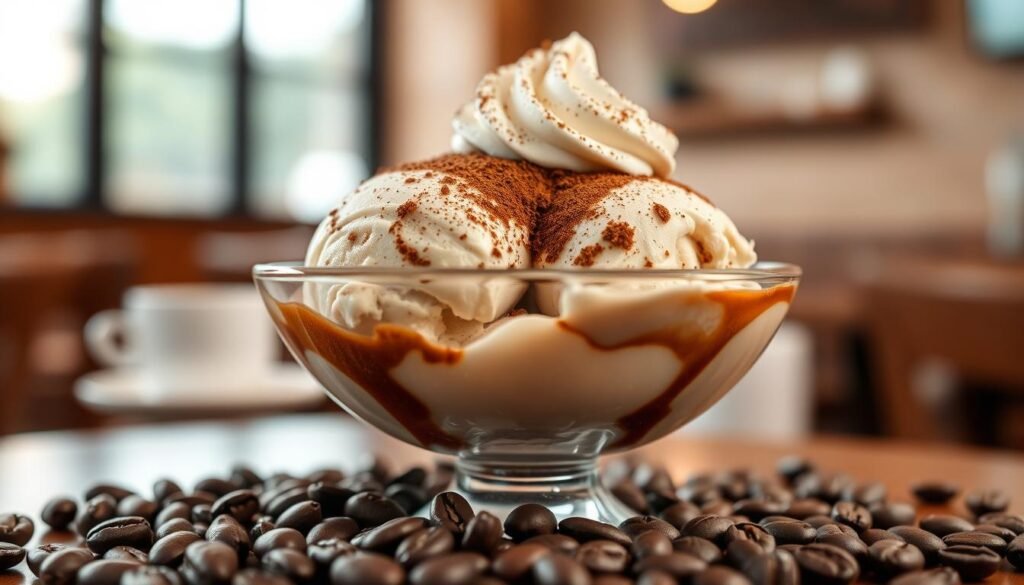 A delicious scoop of creamy coffee ice cream sits in an elegant glass dessert bowl, surrounded by rich coffee beans scattered artfully around the base. The ice cream is topped with a delicate swirl of whipped cream and a light dusting of cocoa powder, creating an inviting visual contrast. In the background, a softly blurred café setting hints at a warm and cozy atmosphere, with warm brown walls and wooden accents. The lighting is soft and inviting, creating a warm glow that enhances the textures of the ice cream and coffee beans. The focus is sharp on the ice cream, capturing every creamy detail, while the café background adds depth without distracting from the main subject. This composition conveys a sense of indulgence and warmth, emphasizing the delightful experience of coffee ice cream.