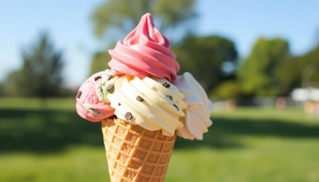 A deliciously crafted ice cream cone featuring three vibrant scoops in flavors like strawberry, mint chocolate chip, and vanilla. The cone is placed in the foreground against a softly blurred outdoor setting, perhaps a sunny park with lush green grass and a clear blue sky in the background. The ice cream should look enticingly creamy and perfectly swirled, glistening as if freshly served, with a slight sheen to indicate a warm day. The lighting is bright and cheerful, suggesting a sunny afternoon, casting gentle shadows and highlighting the textures of the ice cream. Capture a mood of summertime enjoyment and indulgence, evoking that moment before taking a satisfying bite, yet hinting at the thirst that may follow.