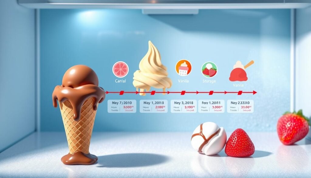 A detailed illustration of an "ice cream timeline" concept, featuring various types of ice cream in playful scoops to convey freshness. In the foreground, a vibrant ice cream cone with melting scoops of chocolate, vanilla, and strawberry is prominently displayed, casting soft shadows. In the middle ground, a timeline chart integrates colorful icons showing dates and storage durations for optimal ice cream freshness, with arrows and illustrations of different ice cream textures. In the background, a subtle freezer environment, slightly frosted with a cool blue hue, evokes a chilled atmosphere. Soft diffused lighting enhances the delicious colors of the ice cream, creating a cheerful and inviting mood. The scene is designed to be educational yet engaging, perfect for visualizing the concept of ice cream storage timelines without any text or distractions.