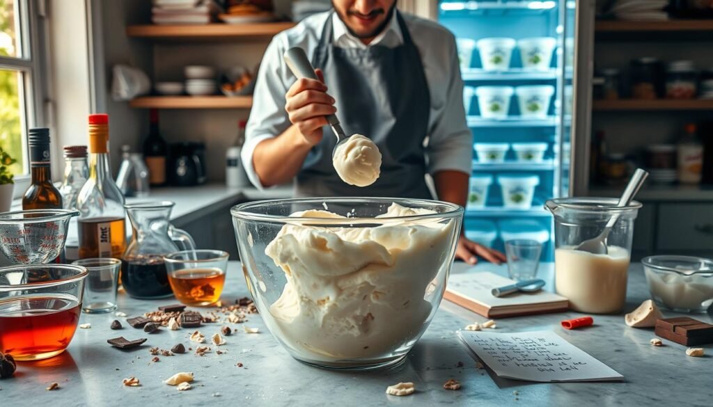 A kitchen counter scene showcasing a beautifully messy ice cream-making process. In the foreground, a glass mixing bowl filled with a partially frozen, creamy ice cream mixture with a slightly runny texture, surrounded by measuring cups and bottles of various liquors. Scattered around are ingredients like melted chocolate, pieces of fruit, and a notebook with troubleshooting notes scribbled in neat handwriting. In the middle, a chef in a professional apron, with a focused expression, is holding an ice cream scoop, ready to test the consistency. The background features an open fridge with ice cream tubs, adding depth to the scene. Natural light streams in from a nearby window, creating a warm, inviting atmosphere, highlighting the textures and colors of the ingredients, evoking a sense of creativity and experimentation.