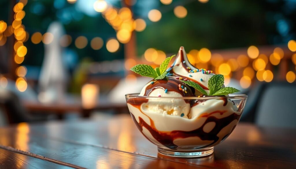 A luxurious bowl of boozy ice cream sits elegantly in the foreground, showcasing a swirl of creamy vanilla and rich chocolate flavors, infused with hints of bourbon and rum. The ice cream is garnished with colorful sprinkles and a delicate mint leaf for a refreshing touch. In the middle ground, a polished wooden table reflects the light, adding warmth to the scene. In the background, softly blurred bokeh lights from a cozy outdoor setting create an inviting atmosphere. The lighting is warm and ambient, mimicking a sunset glow, while a slight overhead angle focuses on the delectable dessert. The overall mood is indulgent and festive, perfect for a summer evening gathering.